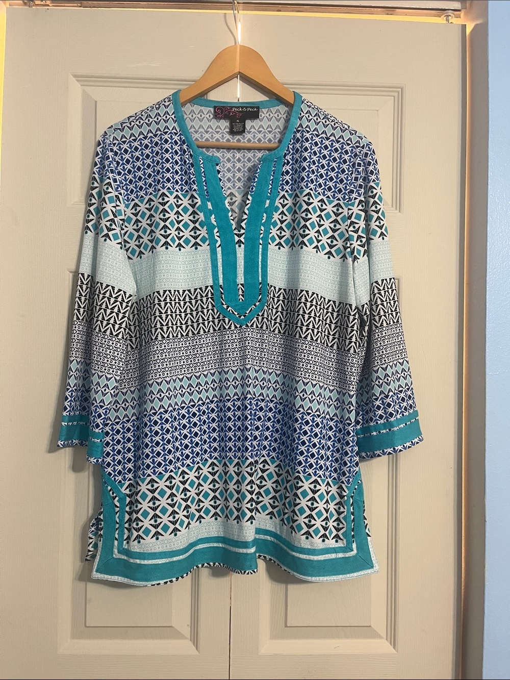 Peck & Peck Teal, Blue and White Printed Tunic